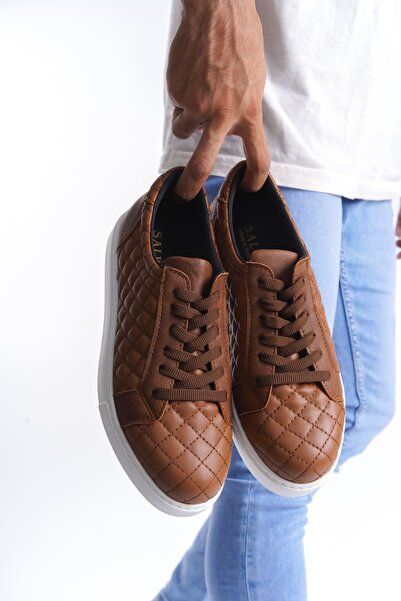 EBRUS TREND Et166 Prestige Lace-Up Leather Quilted Patterned Men's Casual Sneaker Shoes Bt - Tan