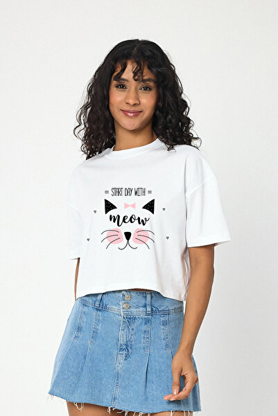 Windy Island Γυναικείο μπλουζάκι με λαιμόκοψη Cat Miow με τύπωμα Crop