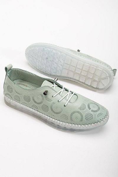 Dilimler Ayakkabı Genuine Leather Women's Casual Shoes Green Laser Printed Elastic Lace-Up Gel Sole