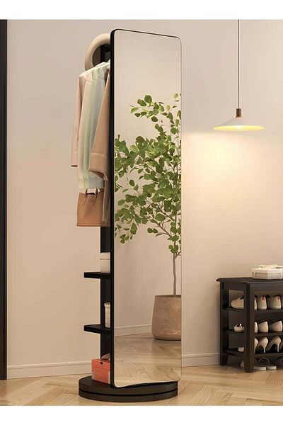 Taimi 360 Degree Rotating Floor Mirror and 2 in 1 Coat Rack for Bedroom and Living Room 166x56cm Black