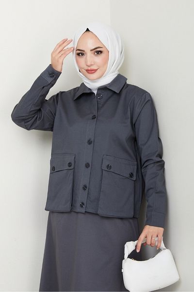 Bestenur Bellows Pocket Shirt Skirt Double Set 1551 - Anthracite