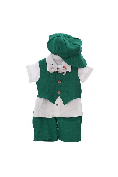Recostore Costumas de vara din muselina pentru botez, verde, 5 piese, REC3309