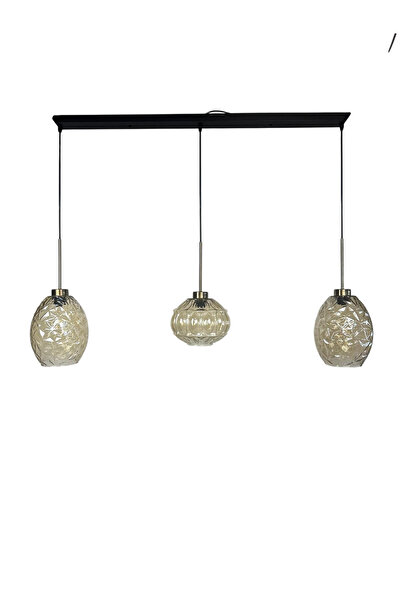 Bamyum Üçlü Lunex Cam Bal Rengi Avize İnce Eskitme Başlık Sarkıt Yemek Masası Üstü Iç Mekan Cafe Otel