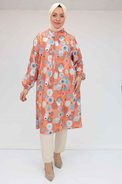 Eslina 58023 Large Size Collar Tie Jesica Tunic - Circle Pattern Orange