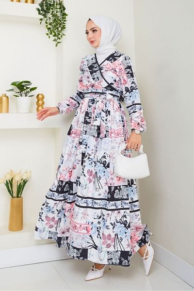 Bestenur Floral Pattern Blouse Skirt Double Set 1466 - Black