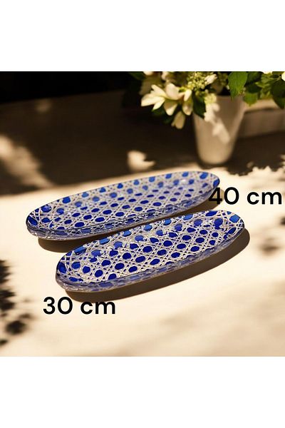 AYZ HOME Set of 2 Cut Crystal Glass Blue Boat Plate Serving Presentation Plate