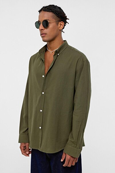 VAMOSCLO Basic Oversize Cotton Linen Shirt Khaki