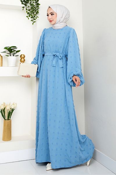 Bestenur Φόρεμα Ayrobin με λεπτομέρεια πομπόν με ζώνη 1538 - Baby Blue