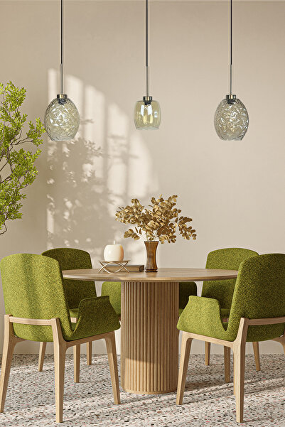 Bamyum Üçlü Lunex Cam Bal Rengi Avize İnce Eskitme Başlık Sarkıt Yemek Masası...