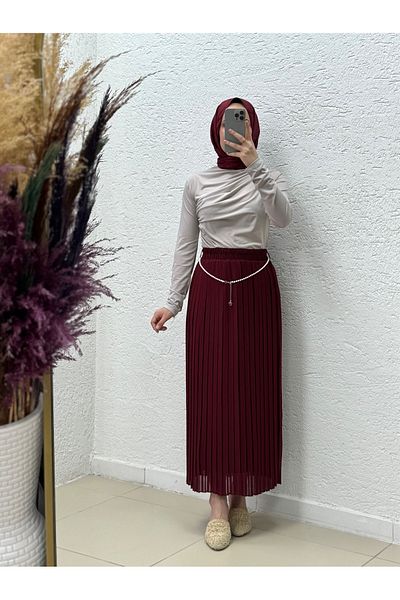 MİHRA STORE Fusta din șifon plisată Zenista cu pandantiv de perle-GE8547 Roșu Claret