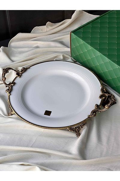 ROSSEV Antique White Round Plate with Handle 31cm