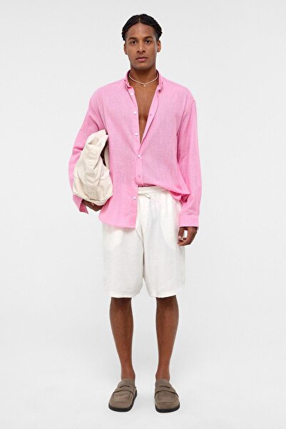 VAMOSCLO Βασικό πουκάμισο από βαμβακερό λινό oversized ροζ