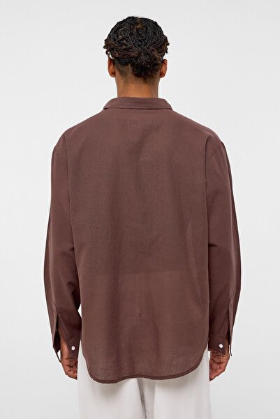 VAMOSCLO Βασικό πουκάμισο από βαμβακερό λινό oversized καφέ