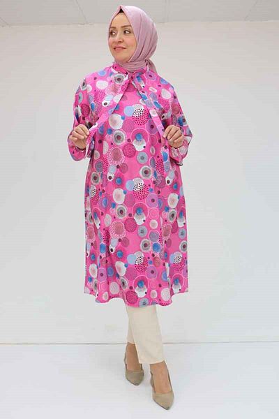 Eslina 58023 Large Size Collar Tie Jesica Tunic - Circle Pattern Fuchsia