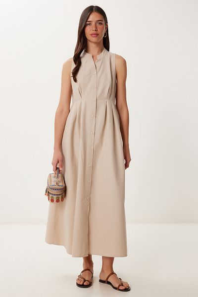 Lovelyİstanbul Αμάνικο Midi Poplin Πουκάμισο Φόρεμα CREAM LMX0093