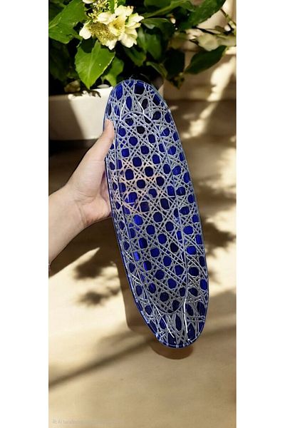 AYZ HOME Set of 2 Cut Crystal Glass Blue Boat Plate Serving Presentation Plate