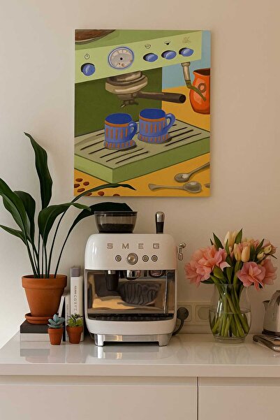 onurreklamonline Kahve Makinesi ve Fincan Temalı Tablo – Renkli Mutfak Dekoru...