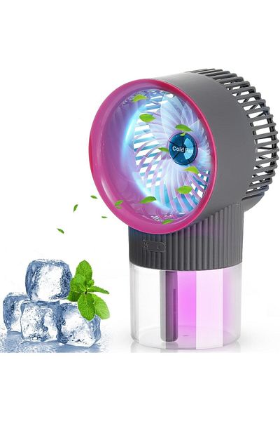 FOXMAG24 Ventilator portabil cu rezervor de 350 ml, lumină de noapte, 3 viteze, pentru uz interior/exterior, alb/violet
