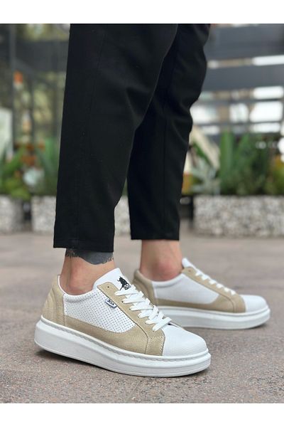 Arda Ba0423 Boa Thick High Sole White Cream Lace-Up Sports Men's Shoes
