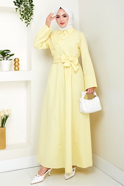 Bestenur Seliz Yandan Düğmeli Elbise 1528 - Sarı