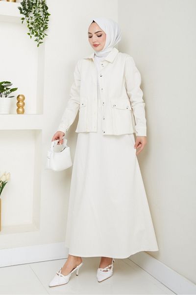 Bestenur Bellows Pocket Shirt Skirt Double Set 1551 - Ecru