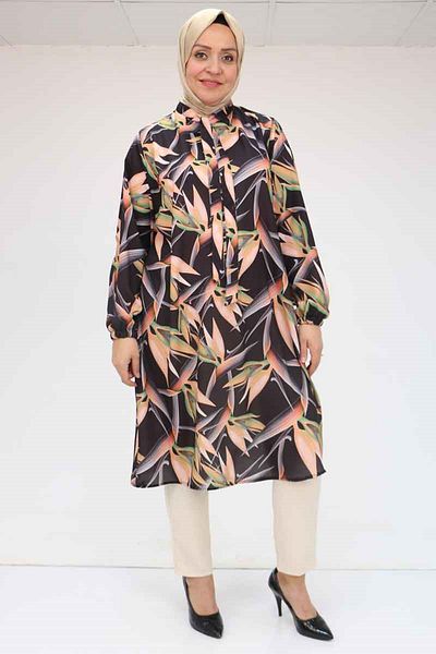 Eslina 58023 Large Size Collar Tie Jesica Tunic - Leaf Pattern Black