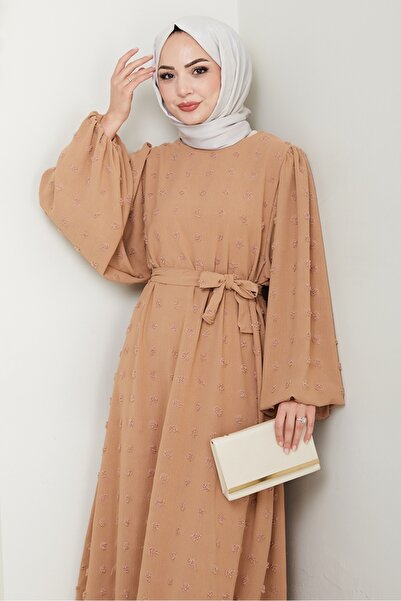 Bestenur Φόρεμα Ayrobin με λεπτομέρεια πομπόν με ζώνη 1538 - Mink