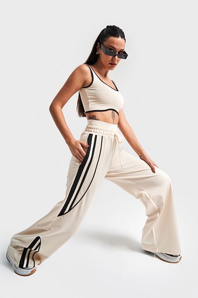 its basic Women's Beige Color S5-105 Knitted Fabric Palazzo Tracksuit Sports Top 2-Piece Suit Combination