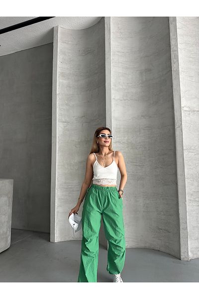 solena sln Women's Parachute Fabric Sound-Proof Soft Textured Waist Elastic Loose Cut Pants