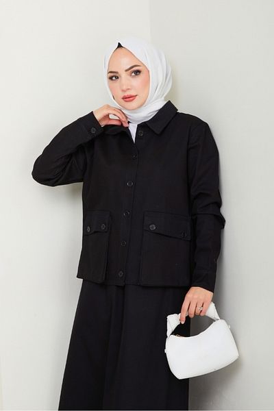 Bestenur Bellows Pocket Shirt Skirt Double Set 1551 - Black