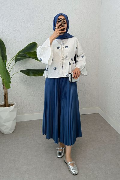 Salih Çelebi Kimono Midi cu model pătrat 2336 - INDIGO