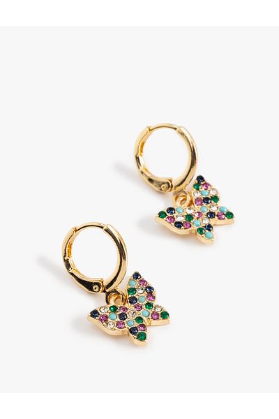 Koton Multicolored Stone Charm Detailed Butterfly Hoop Earrings