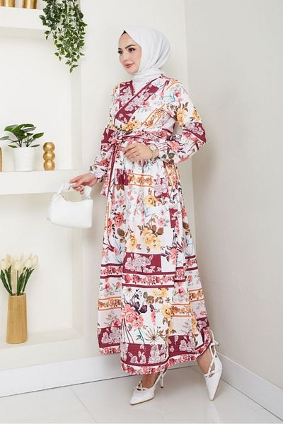 Bestenur Floral Pattern Blouse Skirt Double Set 1466 - Claret Red
