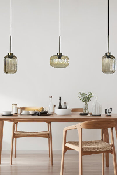 Bamyum Üçlü Lunex Cam Bal Rengi Avize İnce Eskitme Başlık Sarkıt Yemek Masası Üstü Iç Mekan Cafe Otel