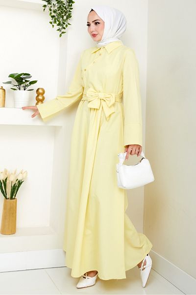 Bestenur Seliz Side Button Dress 1528 - Yellow