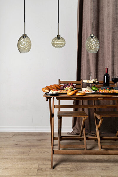 Bamyum Üçlü Lunex Cam Bal Rengi Avize İnce Eskitme Başlık Sarkıt Yemek Masası Üstü Iç Mekan Cafe Otel