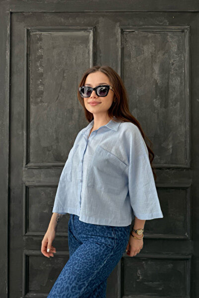 oshebu Μπλε – Πουκάμισο Crop από μείγμα λιναριού