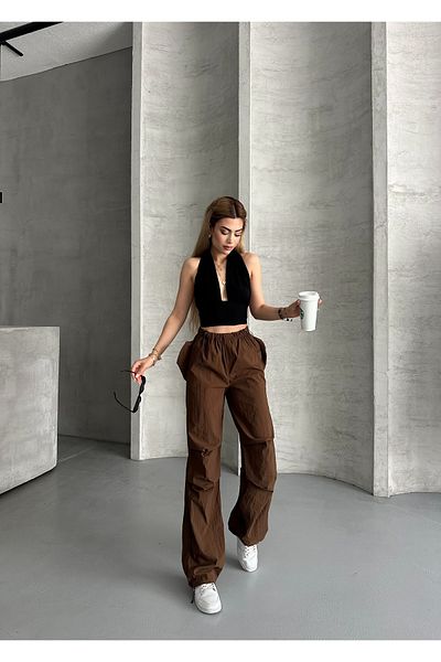 solena sln Women's Parachute Fabric Sound-Proof Soft Textured Waist Elastic Loose Cut Pants