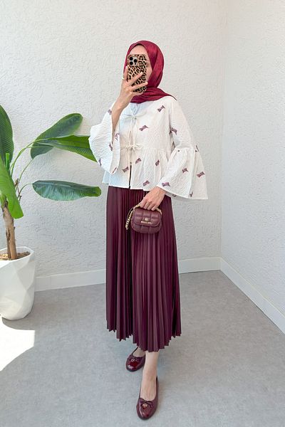 Salih Çelebi Bush Pattern Midi Kimono 2336 - Claret Red
