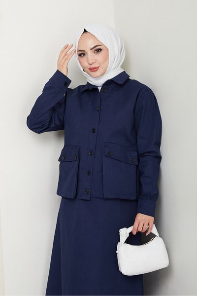 Bestenur Bellows Pocket Shirt Skirt Double Set 1551 - Navy Blue