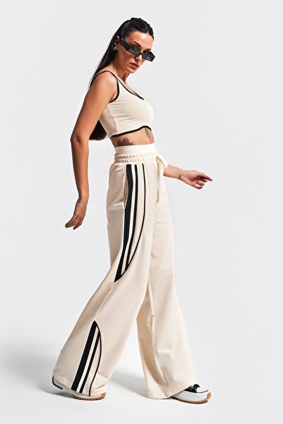 its basic Kadın Bej Renk S5-105 Örme Kumaş Palazzo Eşofman Sporcu Üstü 2'li Takım Kombin