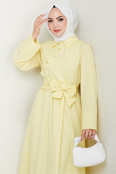Bestenur Seliz Yandan Düğmeli Elbise 1528 - Sarı