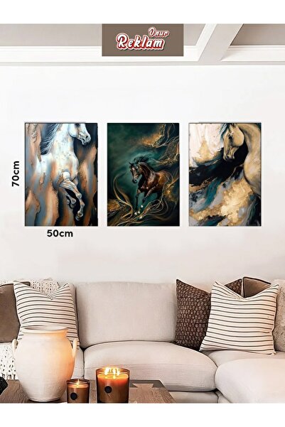 onurreklamonline 3’lü At Figürlü Modern Tablo Seti – 50x70 cm – Dekota Üzeri ...