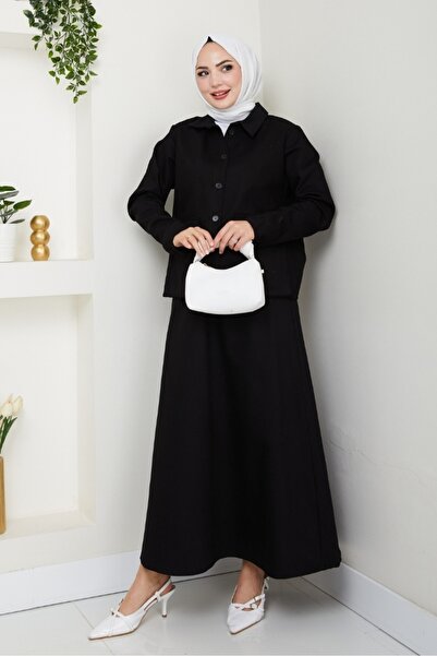 Bestenur Bellows Pocket Shirt Skirt Double Set 1551 - Black