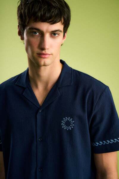 WWF Market Sun and Wave Muslin Shirt - Navy Blue