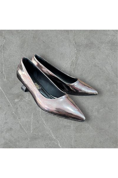 İpek Silk Women's Smoked Patent Leather Short Heel Comfortable Sitiletto