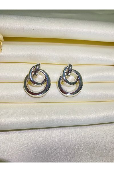 Furtek Aksesuar Women's Silver Color Nested Circle Earrings Model Luxury Trend