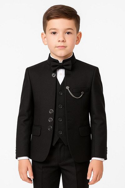 SIRRI 6 Pieces Black Suit for Boys with Stand Collar