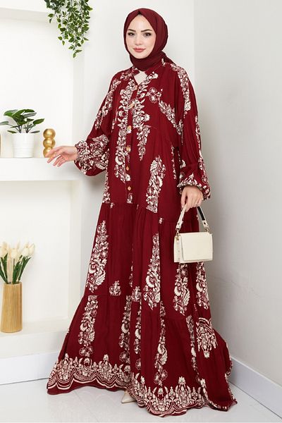 Bestenur Niral Woven Viscose Dress 1542 - Burgundy