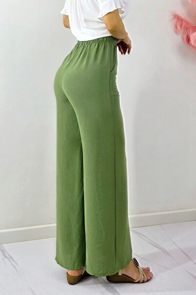 FashionForYou Pantaloni lungi casual, bumbac MERON, croiala wide leg si snur, KAKI, -